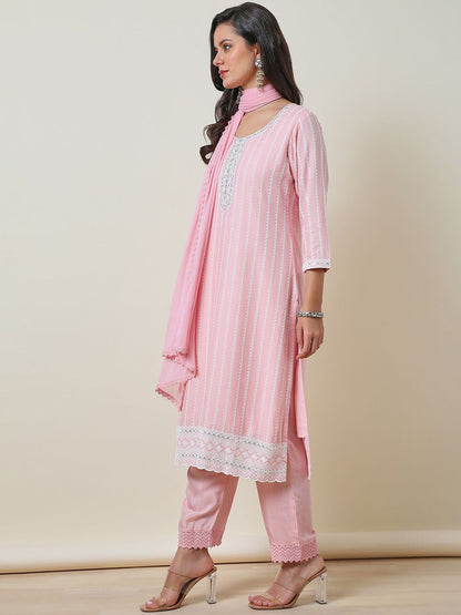 Dhiyona SO Women's Embroidered Thread Work Straight Kurta with Trousers & Dupatta