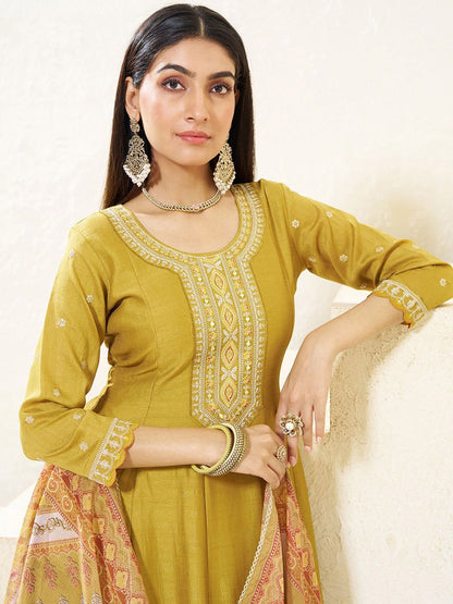 Dhiyona CH Women Floral Embroidered Pleated Mirror Work Kurta with Trousers & Dupatta