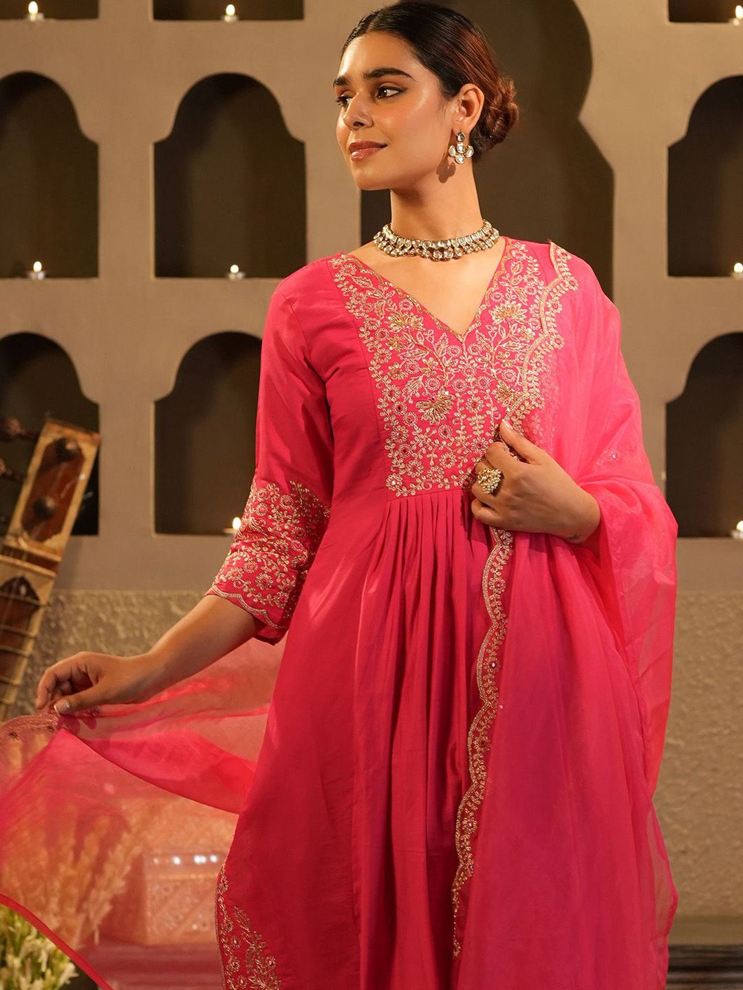 Dhiyona IE Women's Floral Yoke Design V Neck Zari A-Line Kurta & Trousers With Dupatta