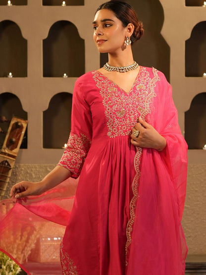 Dhiyona IE Women's Floral Yoke Design V Neck Zari A-Line Kurta & Trousers With Dupatta