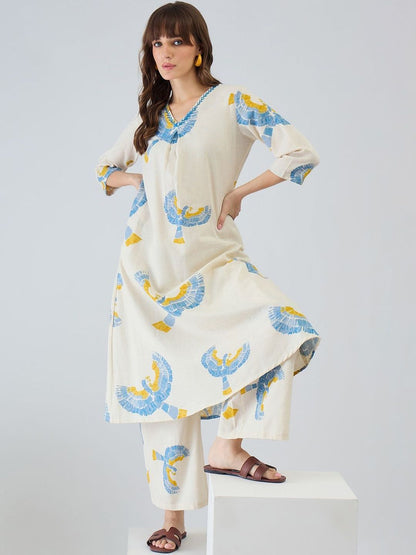 Women Printed Regular Thread Work Pure Cotton Kurta with Trousers