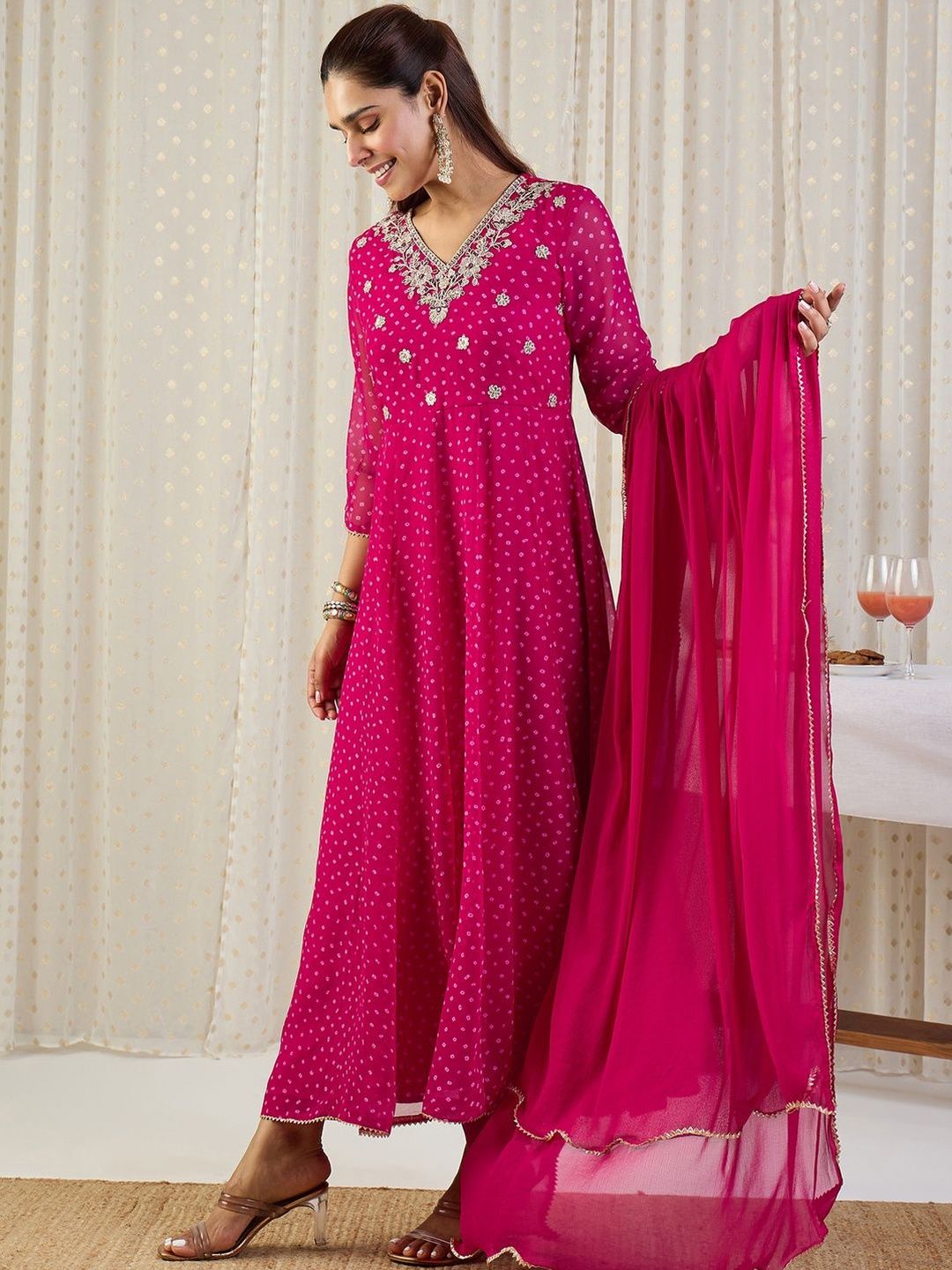 Ethnic Motifs Printed Panelled Thread Work Kurta With Trousers & Dupatta