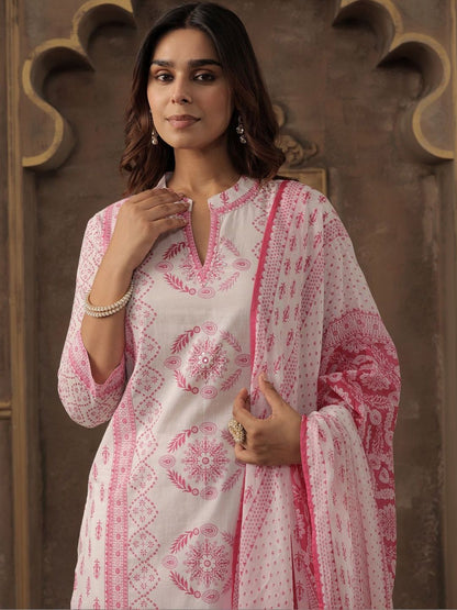 Women Ethnic Motifs Printed Regular Pure Cotton Kurta with Trousers & With Dupatta