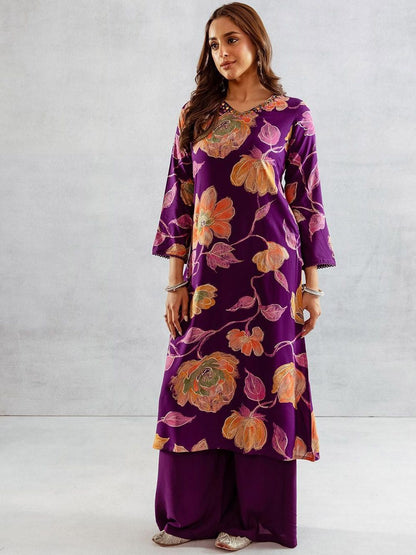 Dhiyona IS Women's Floral Printed V-neck Straight Kurta & Palazzos