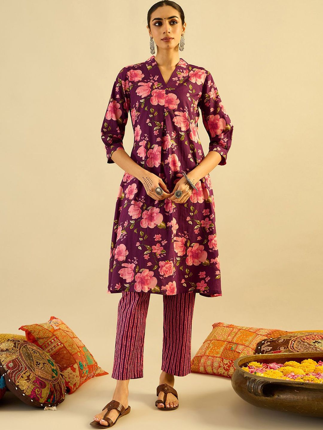 Dhiyona IE Floral Printed Pure Cotton Kurta With Trousers