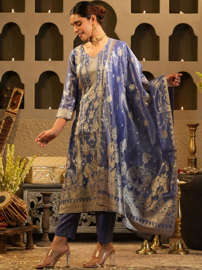 Ethnic Motifs Woven Design Zari Liva Kurta With Trousers & With Dupatta