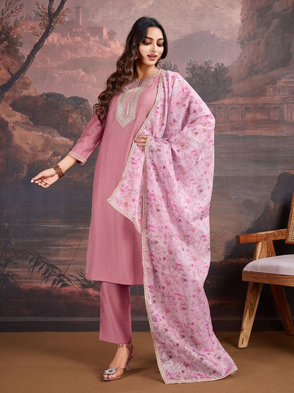 Dhiyona PD Women Floral Embroidered Sequinned Straight Kurta With Trouser & Dupatta