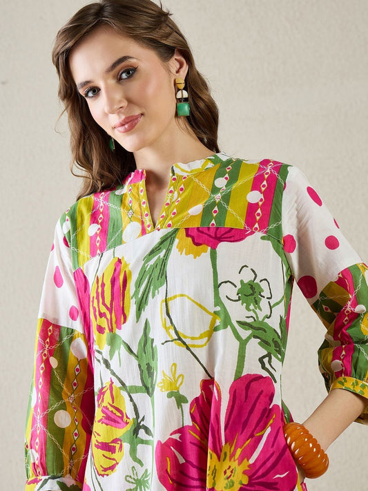 Floral Printed Mandarin Collar Pure Cotton Kurta with Trousers