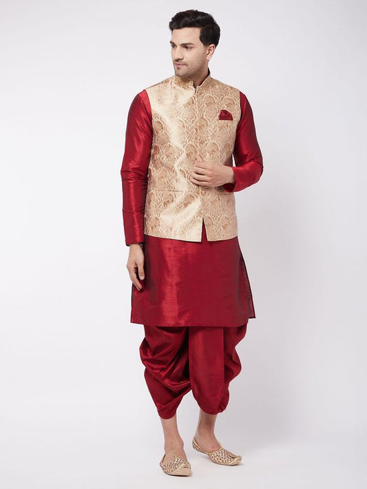 Men's Maroon Silk Blend Straight Jacket  Kurta and Dhoti Set
