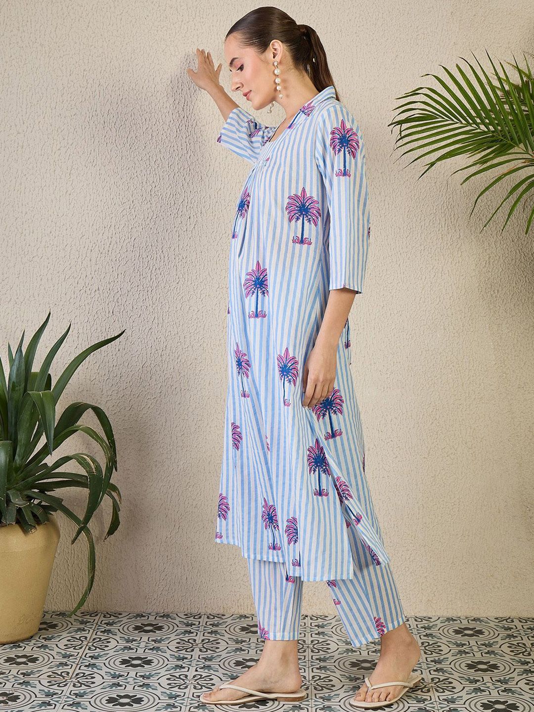 Dhiyona IE Striped Shirt Collar A-Line Pure Cotton Kurta & Trousers