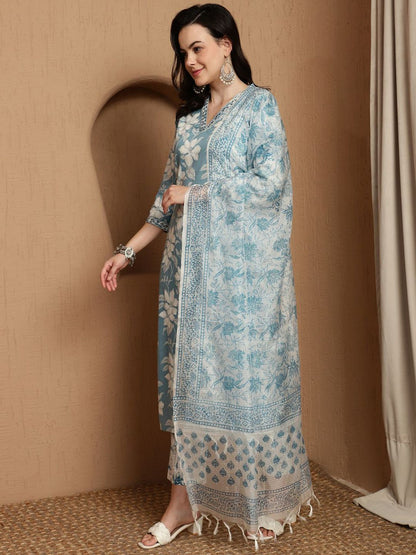 Dhiyona SN Women's Floral Printed Straight Kurta With Trouser & Dupatta