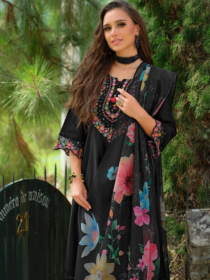 Floral Embroidered Notch neck Thread Work Straight Kurta With Trouser & Dupatta