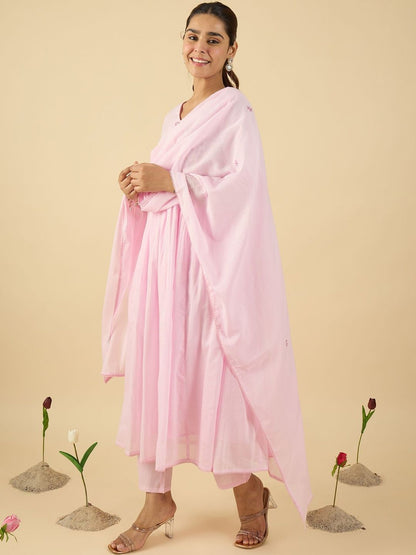 Women Embroidered Thread Work Pure Cotton Kurta with Trousers & With Dupatta