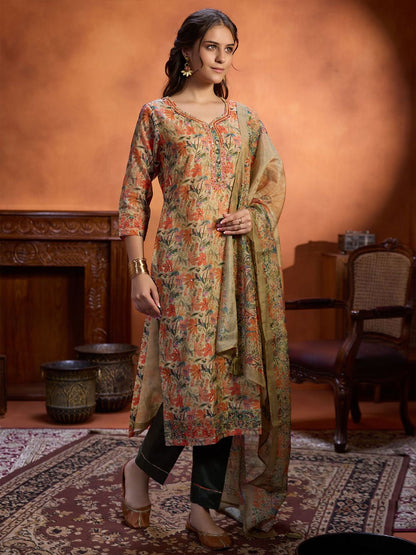 Dhiyona WP Floral Printed Straight Beads and Stones Kurta with Trousers & Dupatta