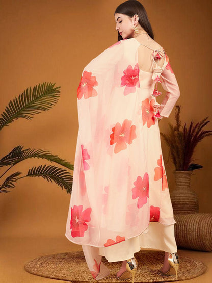Dhiyona SN Women's Floral Printed Round Neck Organza Kurta With Palazzo And Dupatta