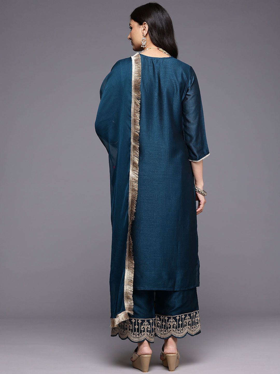 Dhiyona VA Women'sBlue Floral Embroidered V-Neck Regular Straight Kurta With Palazzo With Dupatta