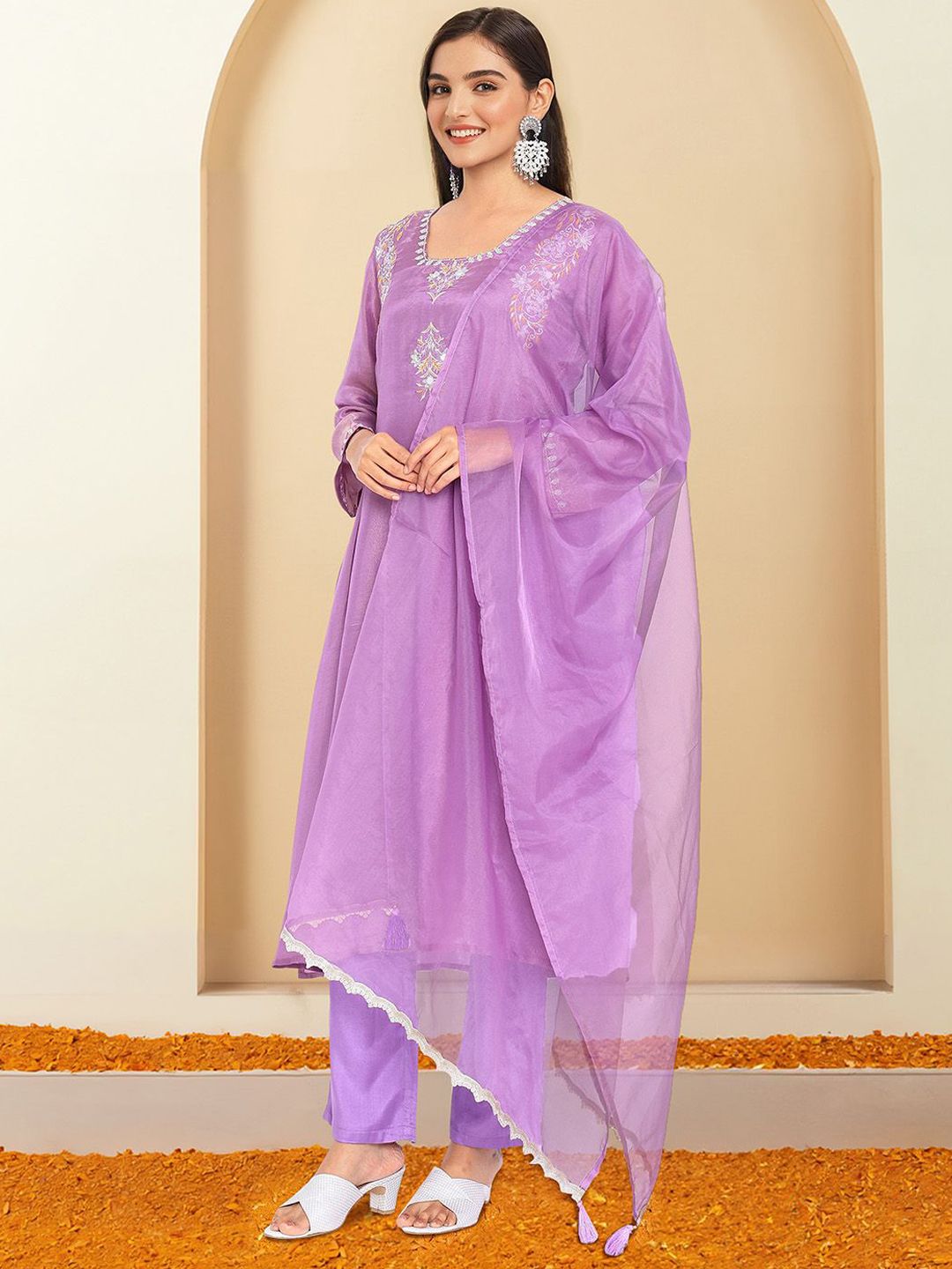 Dhiyona IS Women's Embroidered Thread Work A-Line Kurta with Trousers & Dupatta