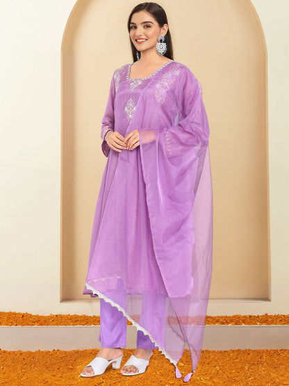 Dhiyona IS Women's Embroidered Thread Work A-Line Kurta with Trousers & Dupatta