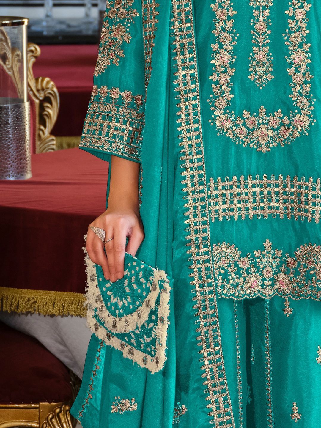 Dhiyona IE Ethnic Motifs Embroidered Round Neck Straight Kurta With Sharara & Dupatta