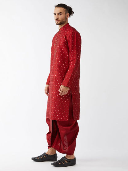 Men's Maroon Silk Blend Straight Kurta and Dhoti Set