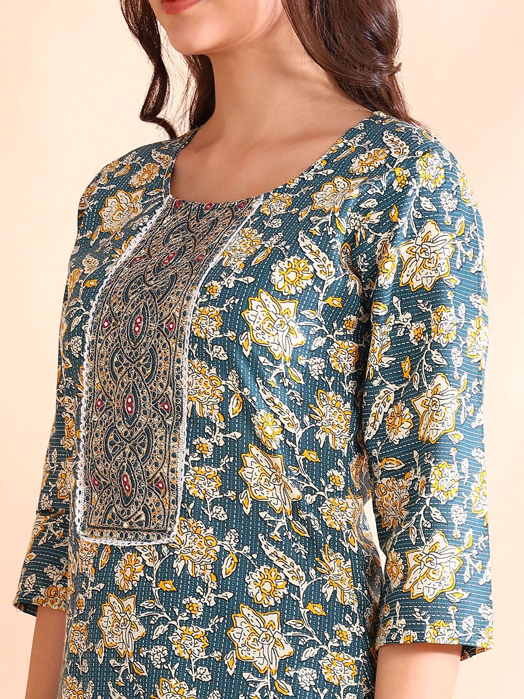 Dhiyona OD  Printed Mirror Work Pure Cotton Kurta With Trousers & Dupatta
