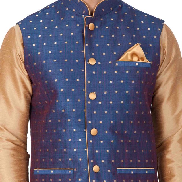 Men's Gold Silk Blend Straight Jacket  Kurta and Pyjama Set