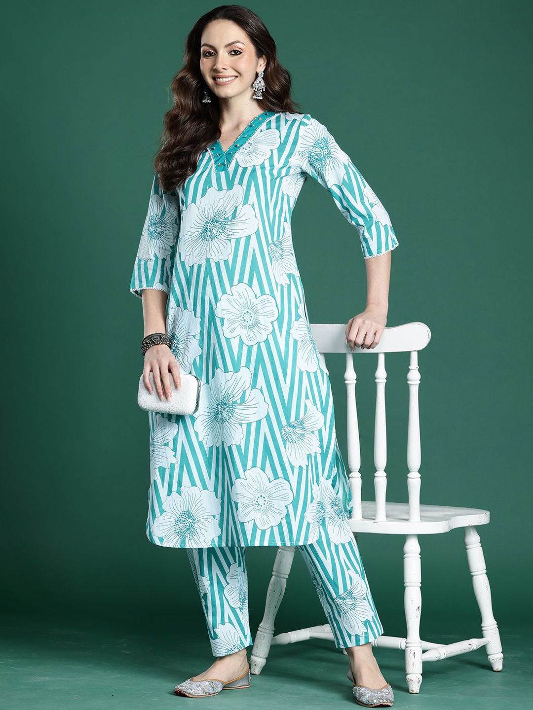 Dhiyona IE Printed Pure Cotton Top With Trousers Co-Ords