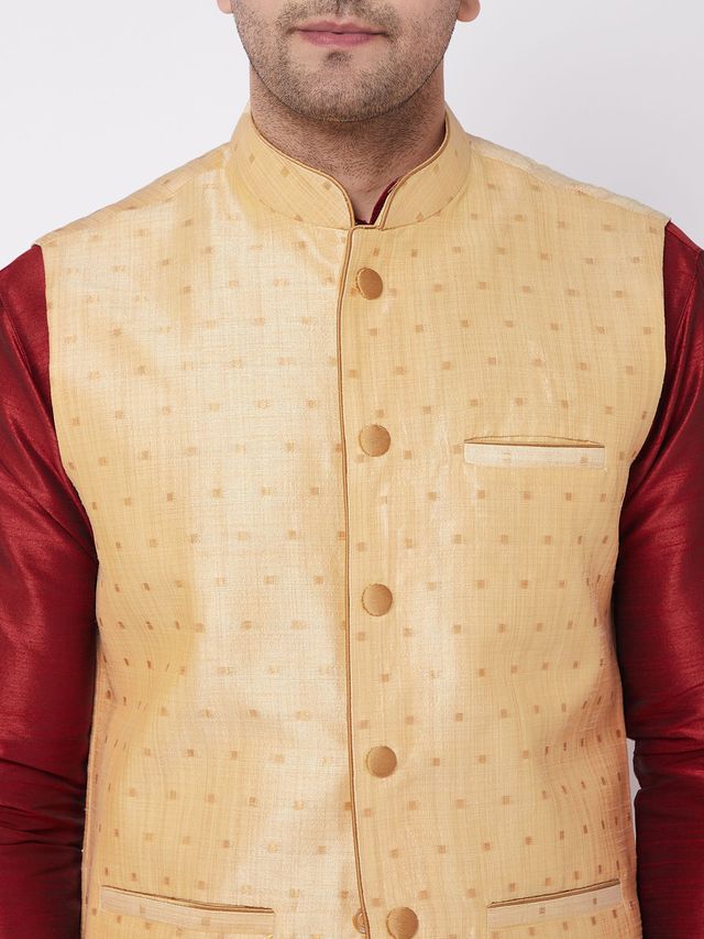 Men's Maroon Silk Blend Straight Jacket  Kurta and Dhoti Set