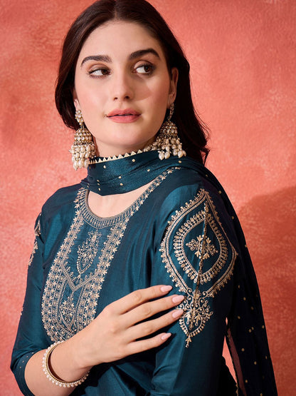 Dhiyona SN Women's Floral Yoke Design Sequinned Chinon Silk Anarkali Kurta With Trousers And Dupatta
