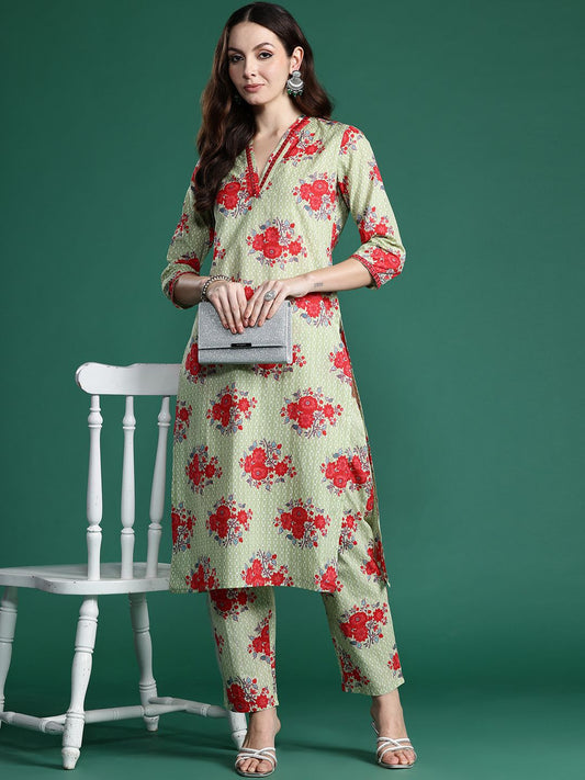 Dhiyona IE Floral Printed Mirror Work Pure Cotton Kurta with Trousers