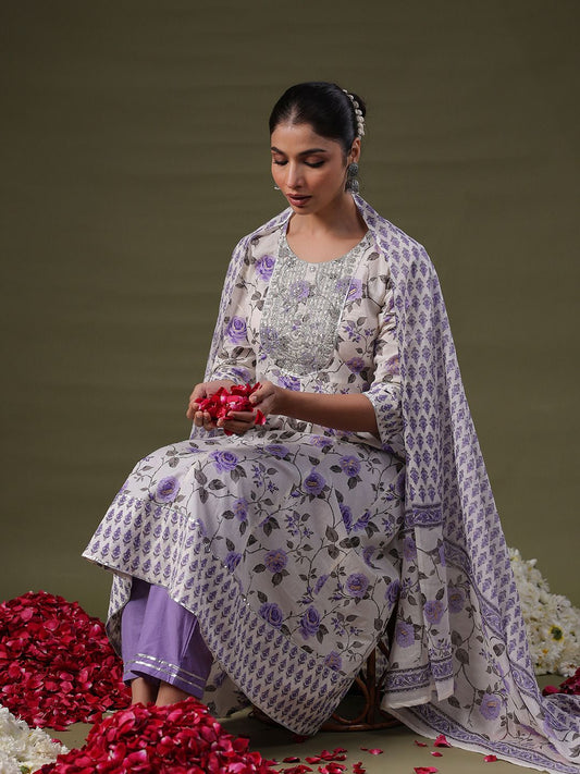 Dhiyona IE Women Floral Yoke Design Regular Sequinned Pure Cotton Kurta with Trousers & With Dupatta