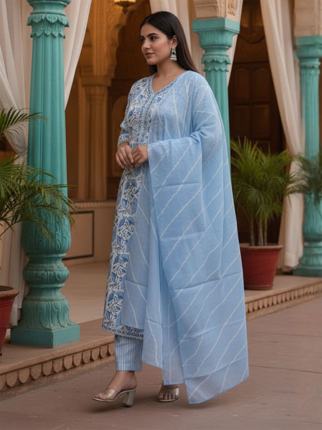 Floral Printed V-Neck Pure Cotton Kurta With Trousers & Dupatta