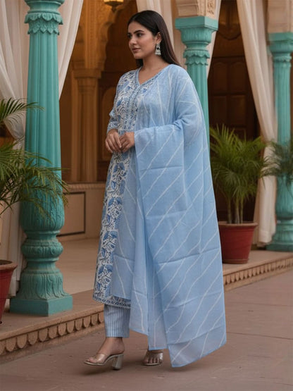 Floral Printed V-Neck Pure Cotton Kurta With Trousers & Dupatta