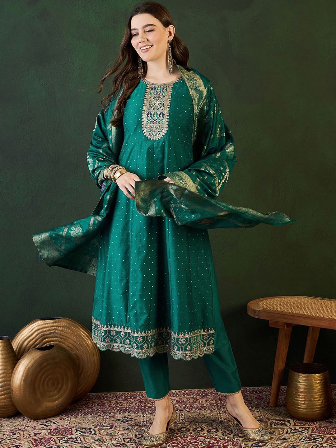 Dhiyona SN Women's Floral Embroidered Layered Kurta with Trouser & Dupatta
