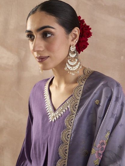 Sequinned A-Line Kurta With Trousers & Dupatta