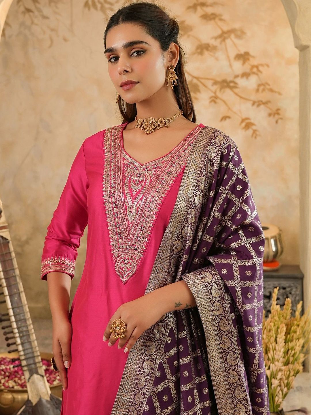 Women Ethnic Motifs Embroidered Regular Kurta with Trousers & Dupatta