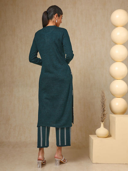 Dhiyona SO Women's Teal Green Paisley Woven Design Mandarin Collar Acrylic Straight Kurta With Trouser