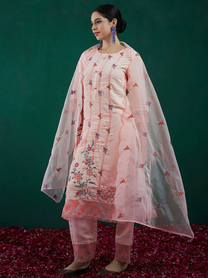 Dhiyona IE Floral Embroidered Straight Kurta With Trousers & Dupatta