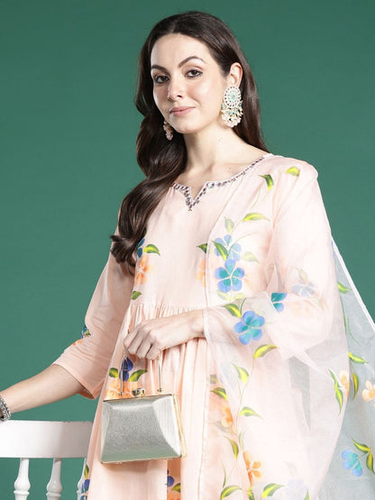 Women Floral Printed Empire Thread Work Pure Cotton Kurta with Trousers & With Dupatta