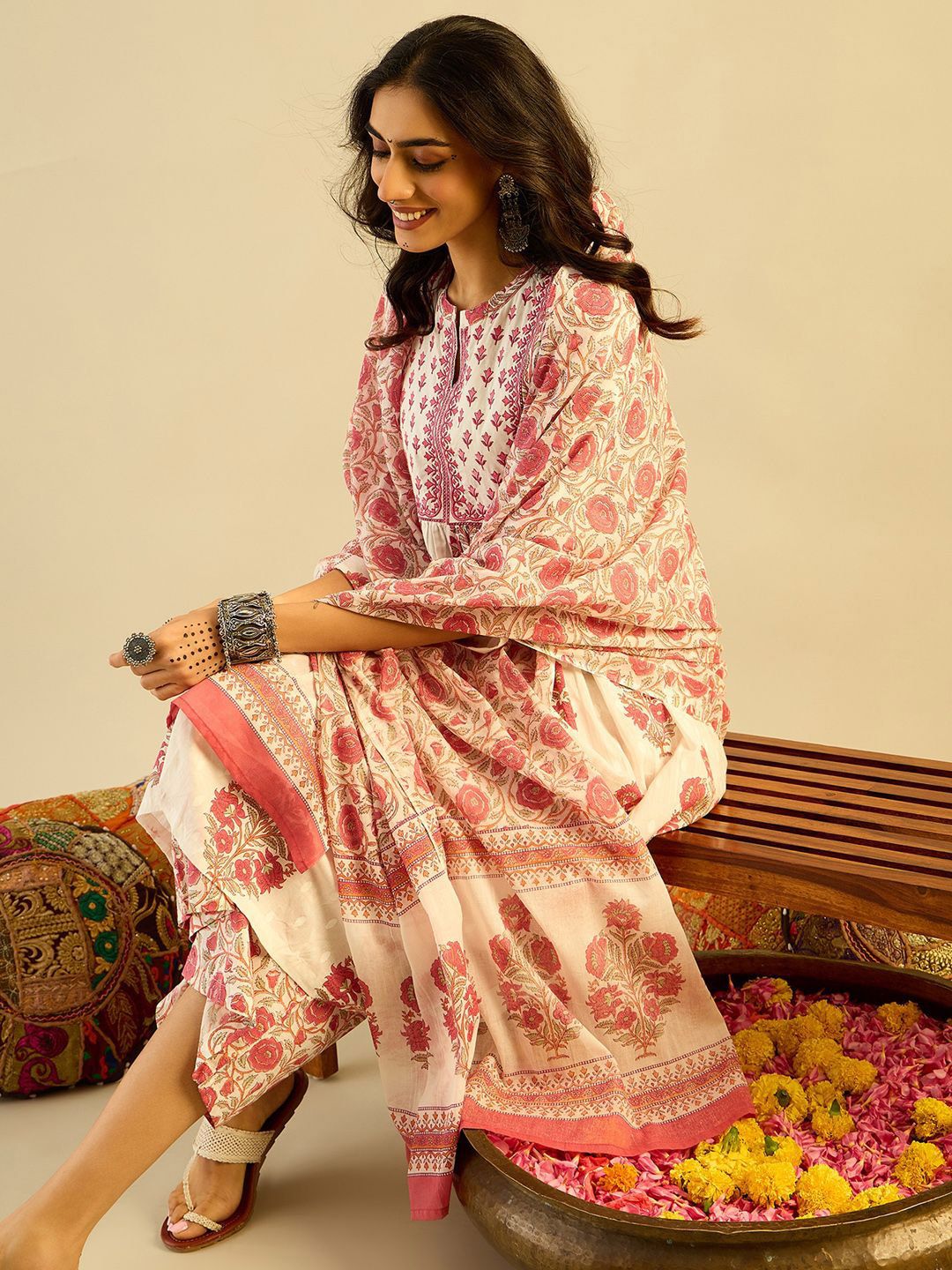 Ethnic Motifs Embroidered Anarkali Pure Cotton Kurta with Palazzos & With Dupatta