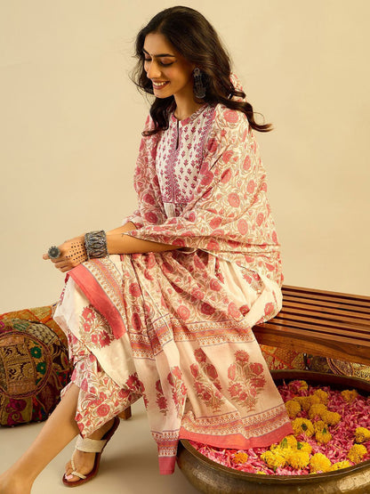 Ethnic Motifs Embroidered Anarkali Pure Cotton Kurta with Palazzos & With Dupatta