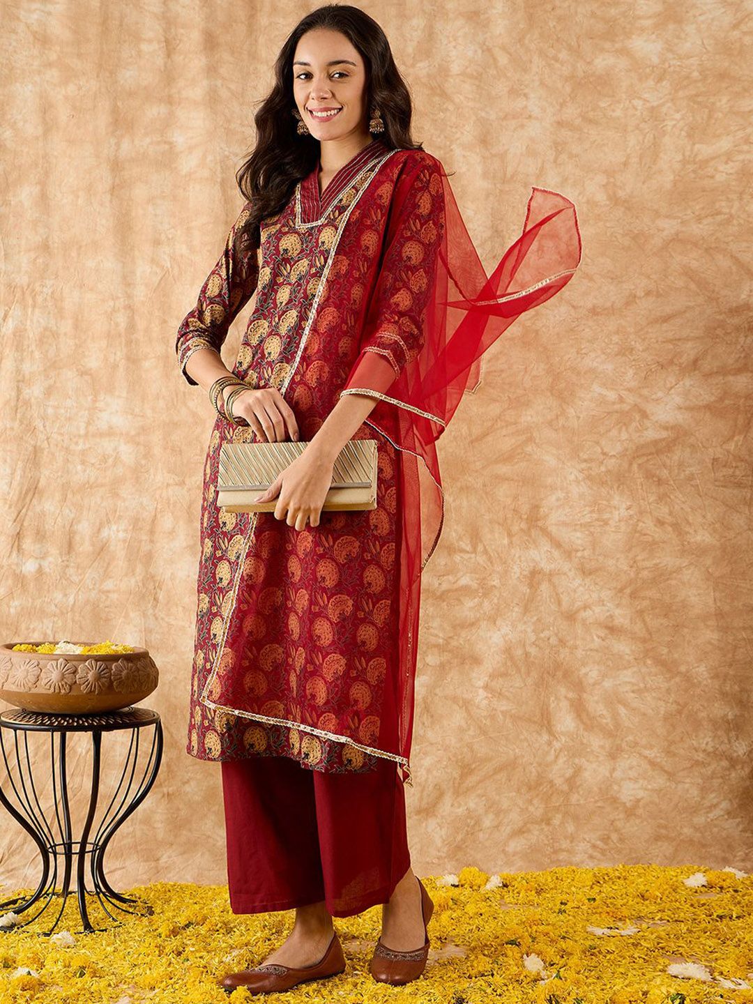 Floral Printed Straight Thread Work Kurta with Palazzos & Dupatta