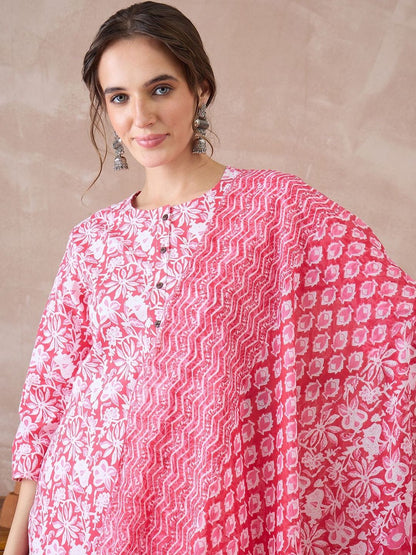Women Floral Printed Regular Pure Cotton Kurta with Trousers & With Dupatta