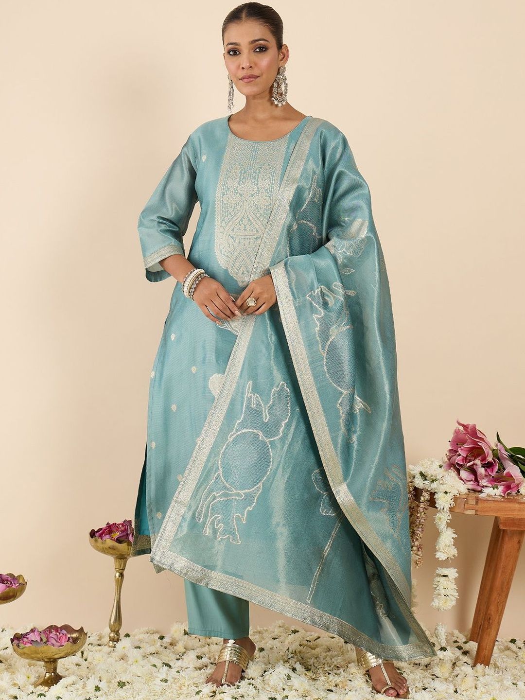 Floral Printed Thread Work Pure Cotton Kurta With Palazzos & Dupatta