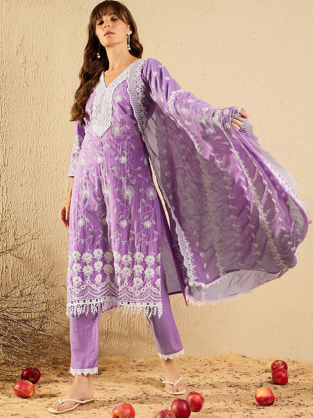 Dhiyona IE Women Ethnic Motifs Embroidered Regular Thread Work Pure Cotton Kurta with Trousers & With Dupatta