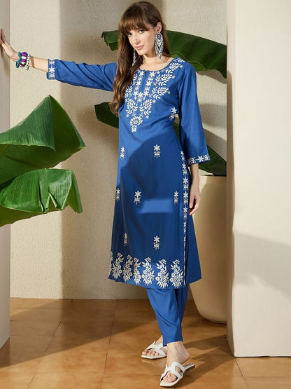 Floral Embroidered Straight Kurta with Trousers