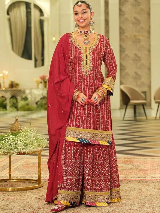 Dhiyona IE Ethnic Motifs Embroidered Straight Sequinned Kurta With Sharara & Dupatta