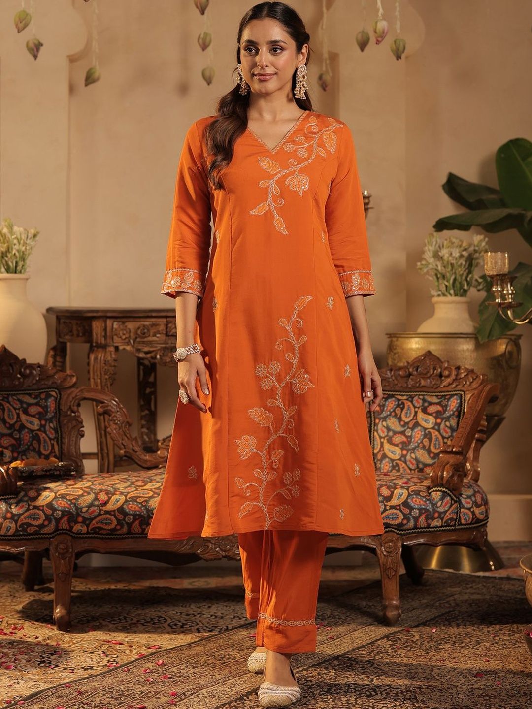Women Ethnic Motifs Embroidered Kurta With Trousers & Dupatta Kurta Sets