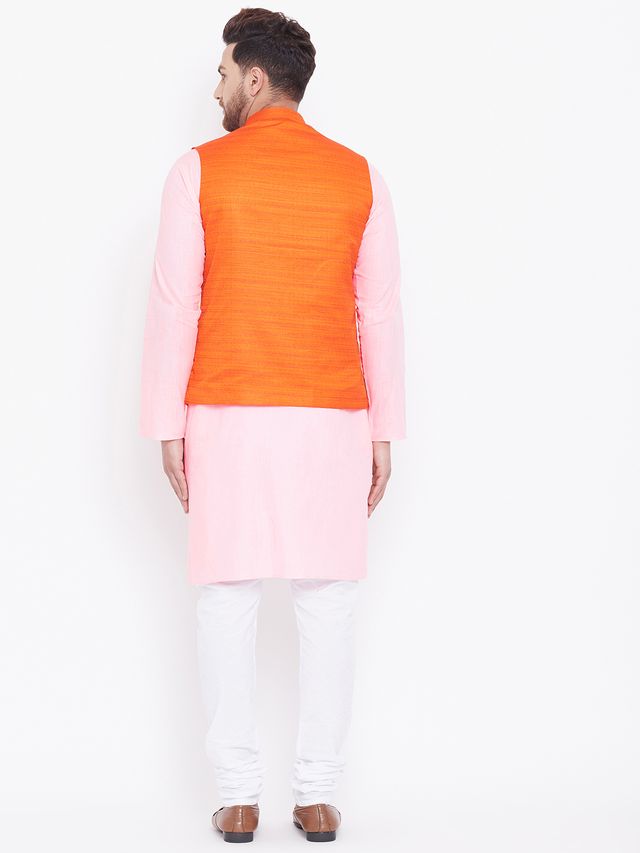 Men's Pink Cotton Blend Straight Jacket  Kurta and Pyjama Set