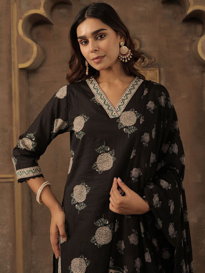 Women Floral Printed Sequinned Pure Cotton Kurta with Trousers & Dupatta